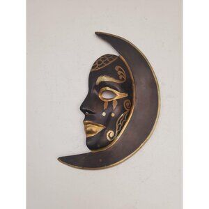 Vintage Brass Wall Plaque, Etched Half-Faces on a Crescent Moon, Wall Sculpture,